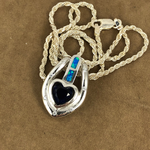 For My Love Sterling Heart Sapphire Opal 925 Silver Rope Necklace - Picture 3 of 7